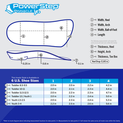 PowerStep Pinnacle Junior 3/4 Insoles | Children's Pain Relief Shoe Insert